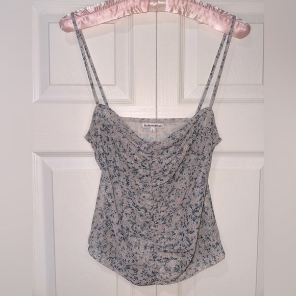 Reformation Kynlee sheer knit mesh floral Ruched Camisole top. Size Small - Picture 2 of 13